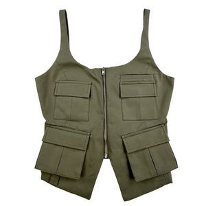 Zara Vest Women’s XS Olive Green Pockets Military Tank Stretch Front Zip